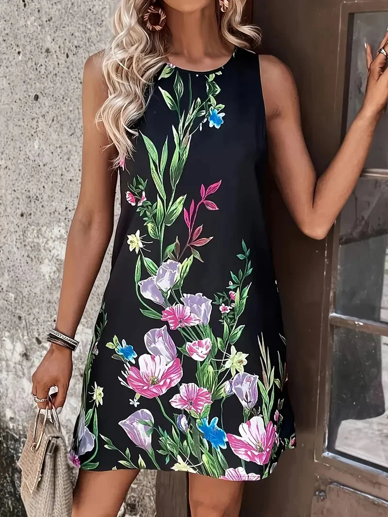 Summer Fresh And Simple Floral Print Sleeveless Vest Dress Summer Elegant And Fashionable Seaside Beach Sleeveless Dress