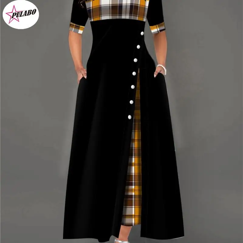 PULABO 4xl 5xl Women Elegant Long Plaid Print Party Dresses Irregular Ladies Vintage Button Dress Patchwork A-Line Female