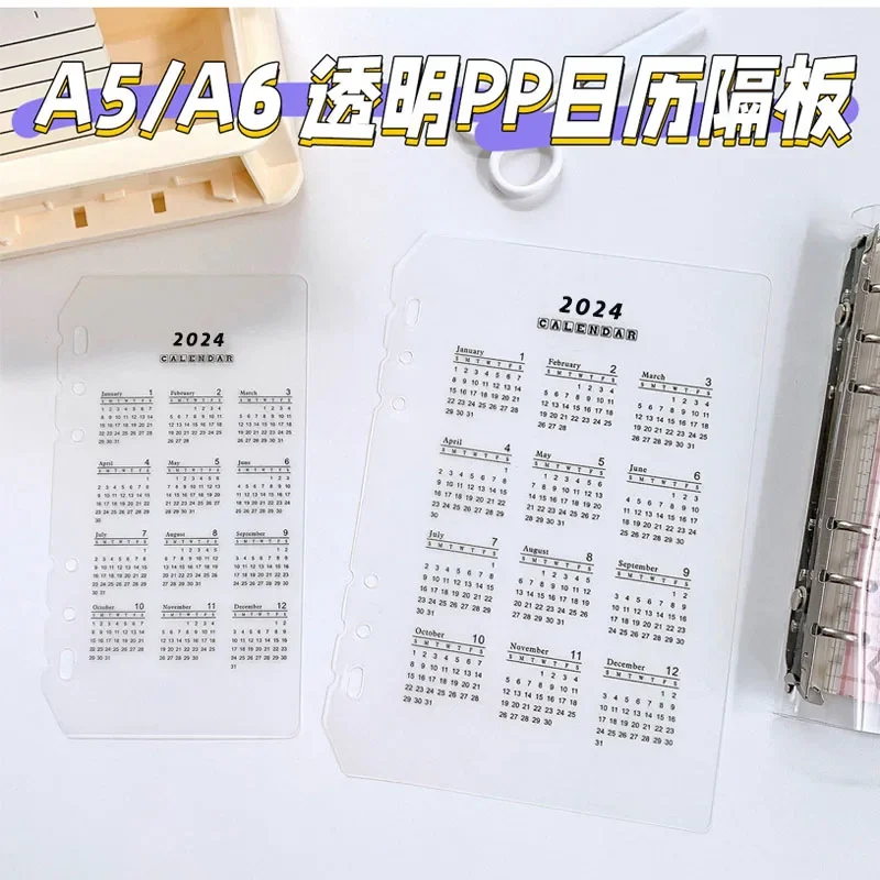 Fromthenon 2023 2024 Calendar A5 A6 Loose-leaf 6 Hole Transparent Calendar A5 A6 Loose-leaf Notebook Divider Stationery Supplies