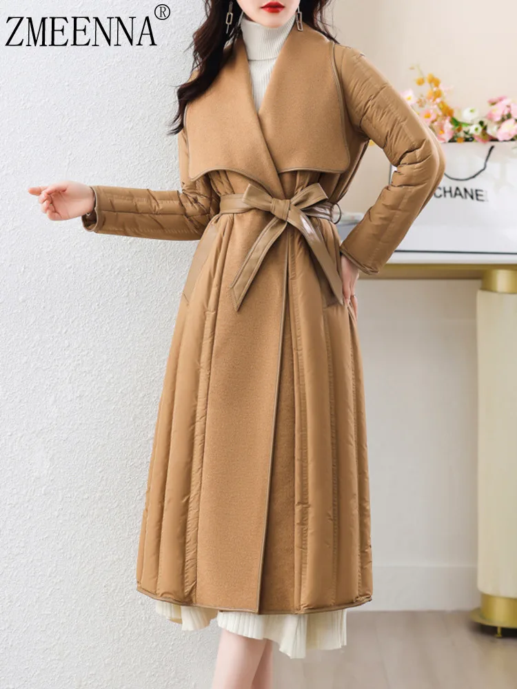 

ZMEENNA Women's Chic Coat With Wide Lapel Collar Tie Waist Belt Warm Quilted Winter Jacket Elegant Long Outerwear ZM3518
