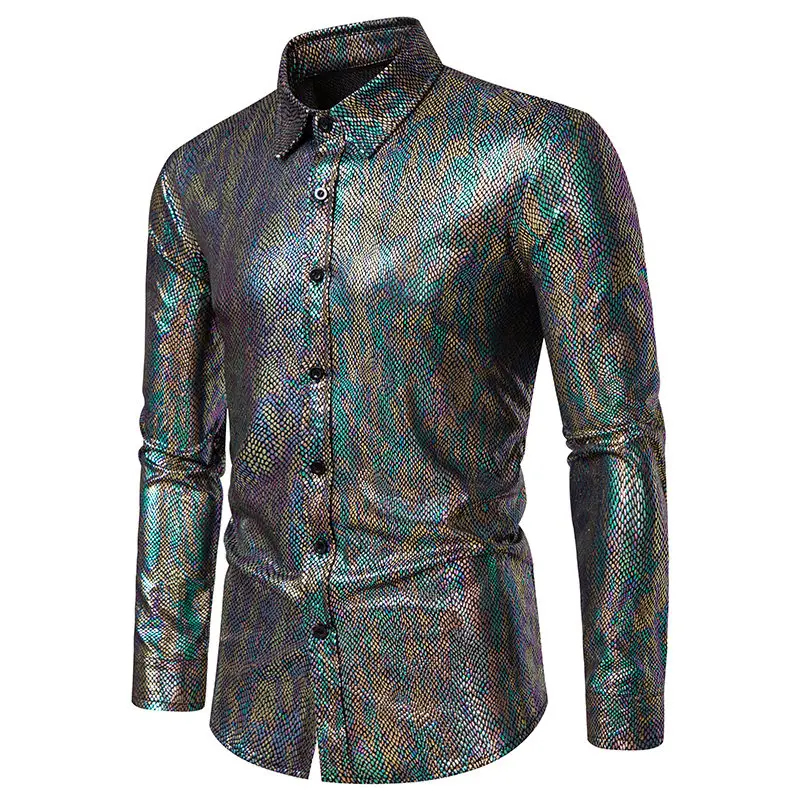 New Men Fish Scale Hot Gold Lapel Shirt Black / Gold / Silver Fashion Singer Host Stage Performance Dress Loose Shirts