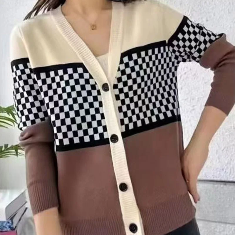 Jesień Zima Moda Szykowny Krótki Styl Dzianinowy Kardigan Kobiety Vintage Dojazdy Luźne Dzianiny Topy Plaid Swetry z dekoltem w szpic