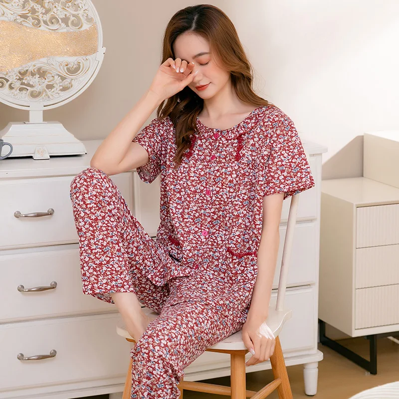 Summer Small Flower Women Pajamas Short Sleeve Long Pants Casual Tracksuit Female Cotton Pajamas Set Women Sleepwear Homewear