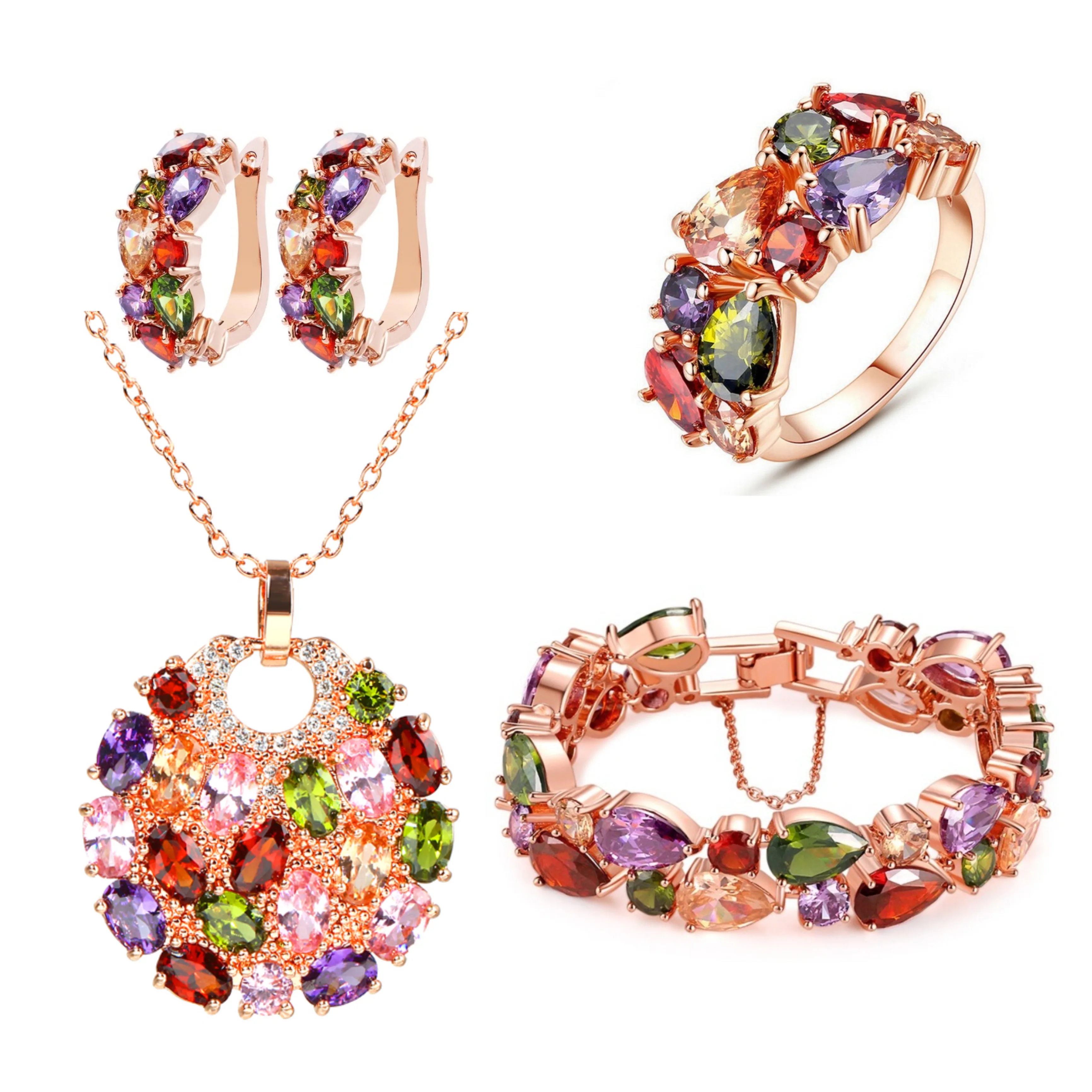 SUGO Classic Hot Sale Retro Sweet Rose Gold Color Multi Cubic Zirconia Jewelry Sets for Elegant Women Dinner Party Accessories