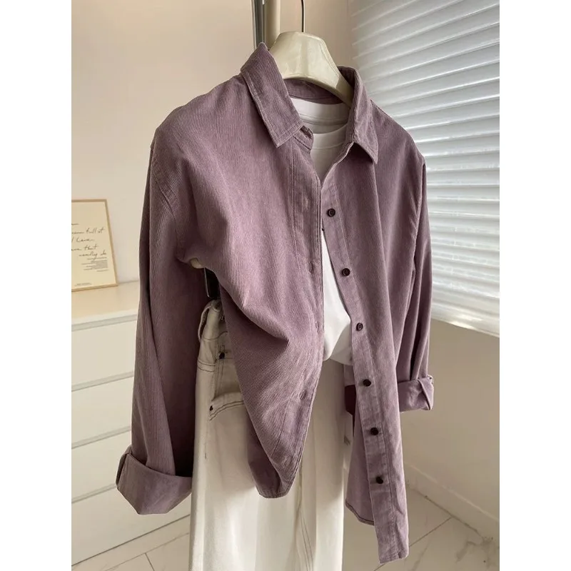 

Long-sleeved Solid Color Lapel Button Purple Shirt Versatile Loose Fashion Top