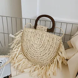 Tassel Semicircle Straw Bag For Women Handmade Woven Shoulder Crossbody Bag Holiday Beach Bag Basket Casual Shopping Totes sac