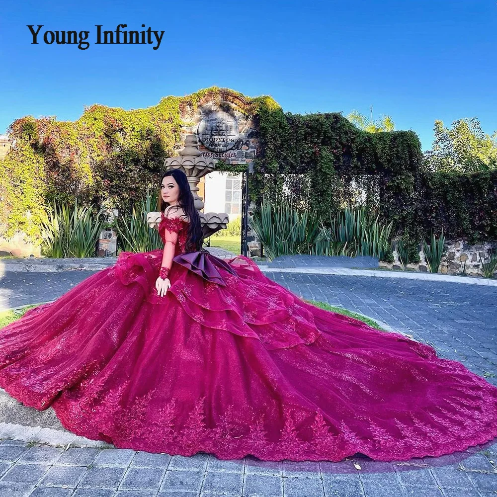 Burgundy Quinceanera Dresses 2024 Long Sleeves Flower Sweet 16 Birthday Party Gown Lace Applique Vestidos Para XV Princess Miss