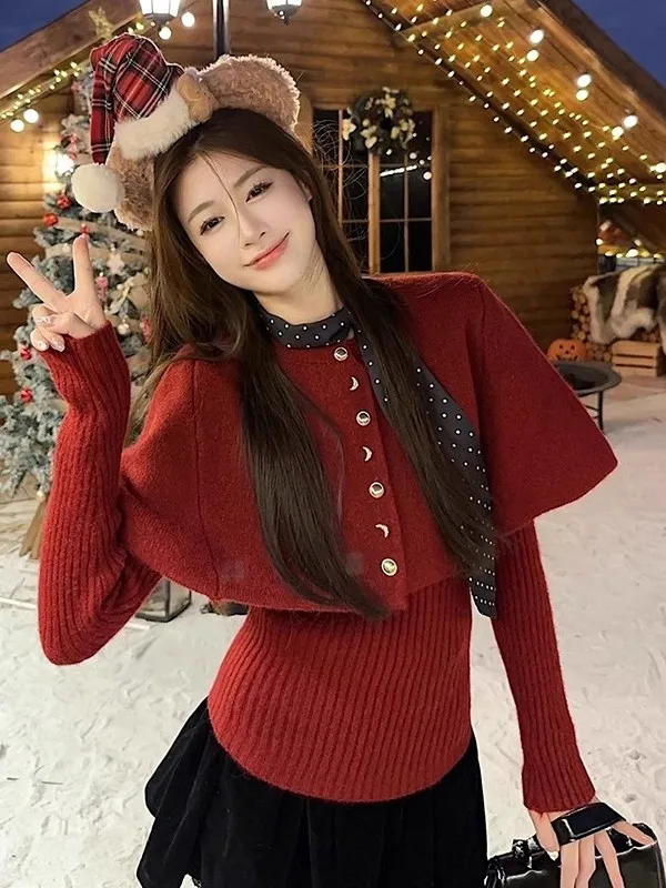 الكورية Sle Cisas موضوع الأحمر عباءة سترة مجموعة المرأة الخريف الشتاء كسول الراقية محبوك بلوزات ومجموعة بوت #1