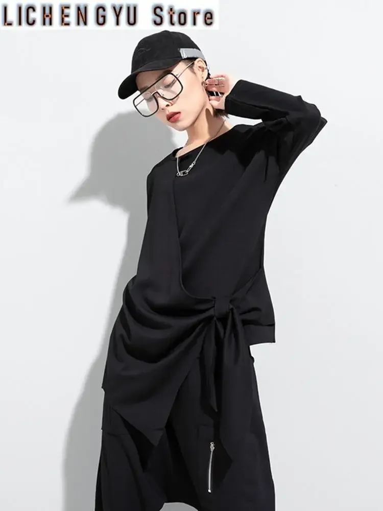

Women Black Bandage Bow Irregular Big Size T-shirt New Round Neck Long Sleeve Fashion Tide Spring Autumn