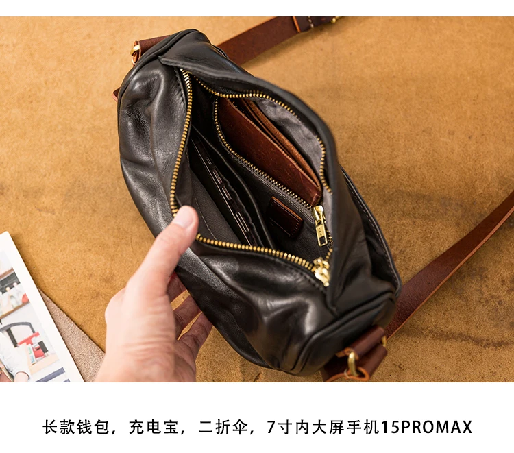 Handgefertigte Herren-Umhängetasche aus echtem Leder, modische Outdoor- und Alltagstasche, schwarze Crossbody-Tasche aus Kuhleder – Detail 5