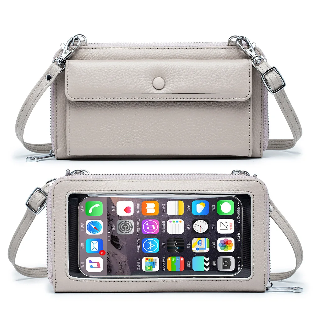 Fashion Ladies Shoulder Messenger Bag with Transparent Touch Screen Phone Pocket Genuine Leather Women Long Wallet Crossbody Bag