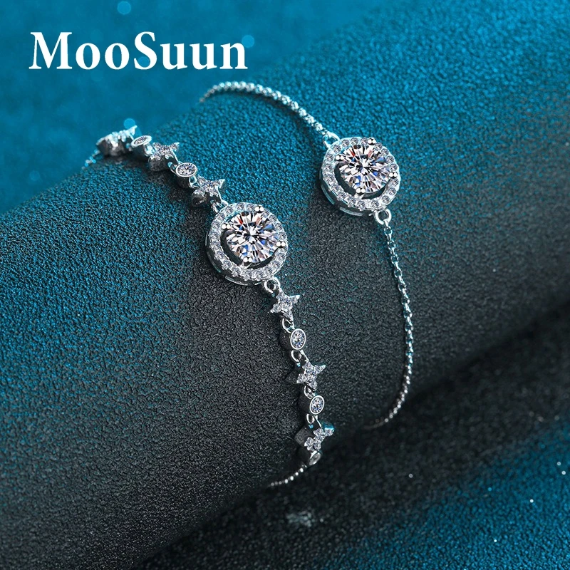 MooSuun 1.0ct Moissanite Diamond Star and Moon Bracelet for Women S925 Sterling Silver Lab Sapphire Ruby Emerald Birthday Gift