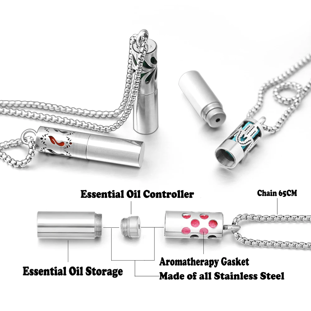 Cylindrical Aromatherapy Essential Oil Diffuser Necklace Storage Bottle Stainless Steel Pendant Fashion Perfume Lockets Jewelry