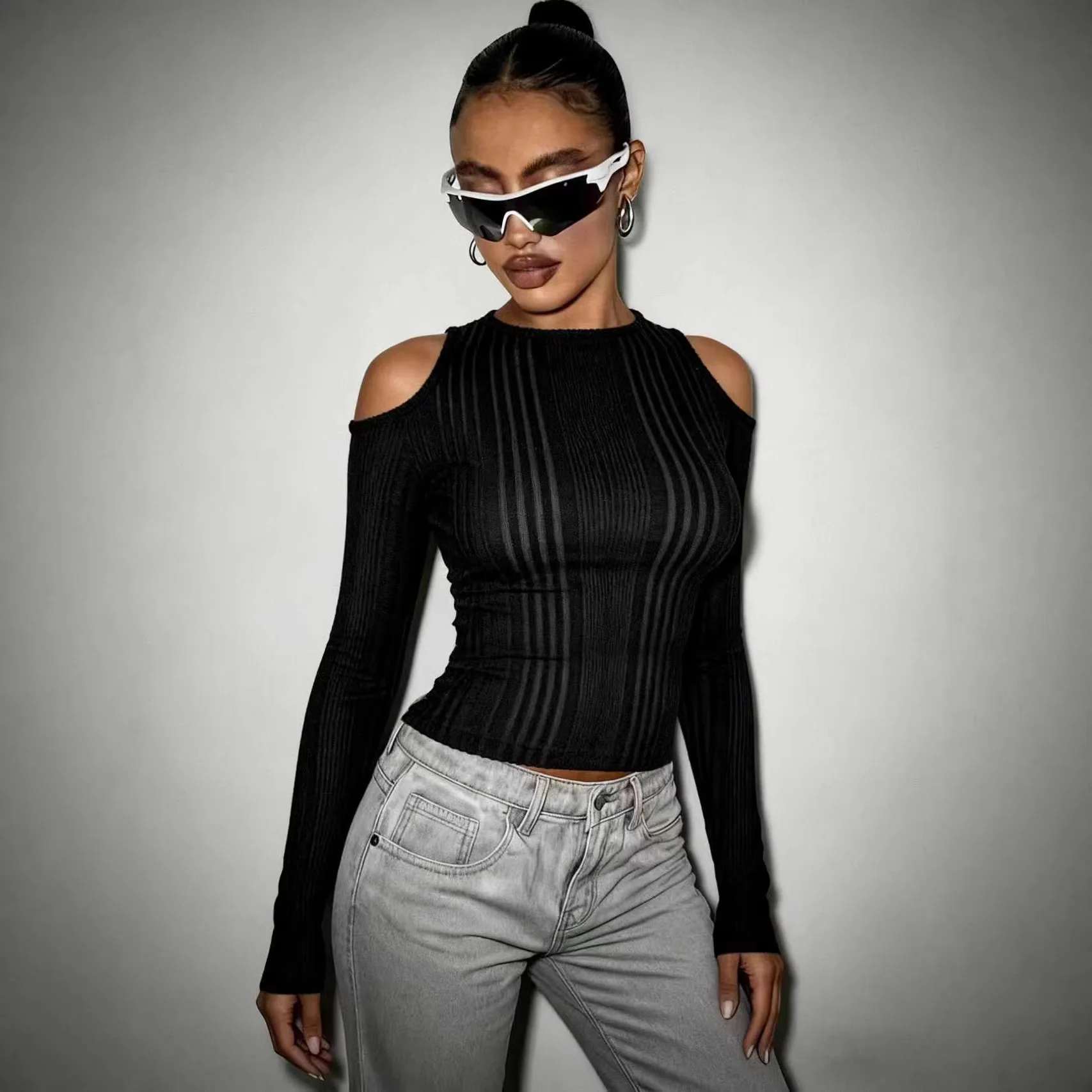 

2026 New Women Crew Neck Long Sleeve Hollow Out Tops Fashion Cutout Design Pullover Tops