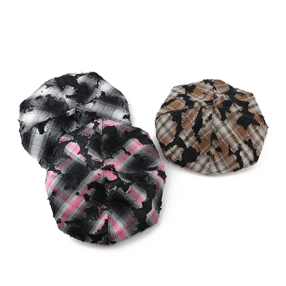 American retro distressed patched octagonal top-brim beret with irregular frayed tear-patterned striped painter's hat