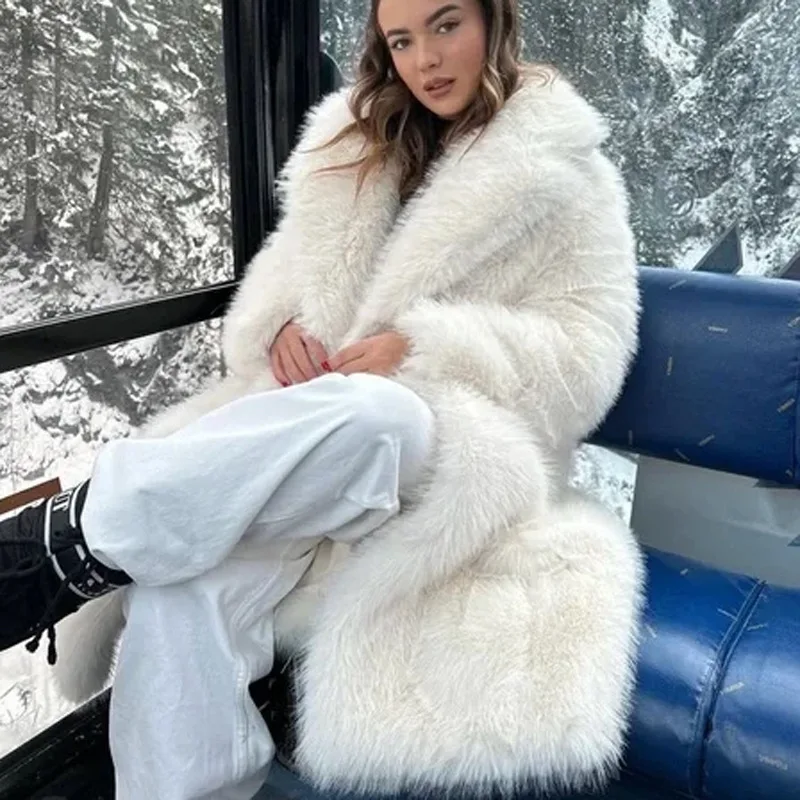 

New Women Winter Artificial Fur Coat White Suit Collar Detailed Lady Mink Fur Jacket Street Long Over The Knee Fur Female Coat