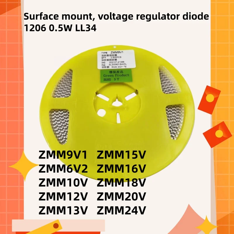 100 Buah, Dioda Zener 1206 0.5W LL34, ZMM9V1, ZMM6V2, ZMM10V, ZMM12V, ZMM13V, ZMM15V, ZMM16V, ZMM18V, ZMM20V, ZMM24V