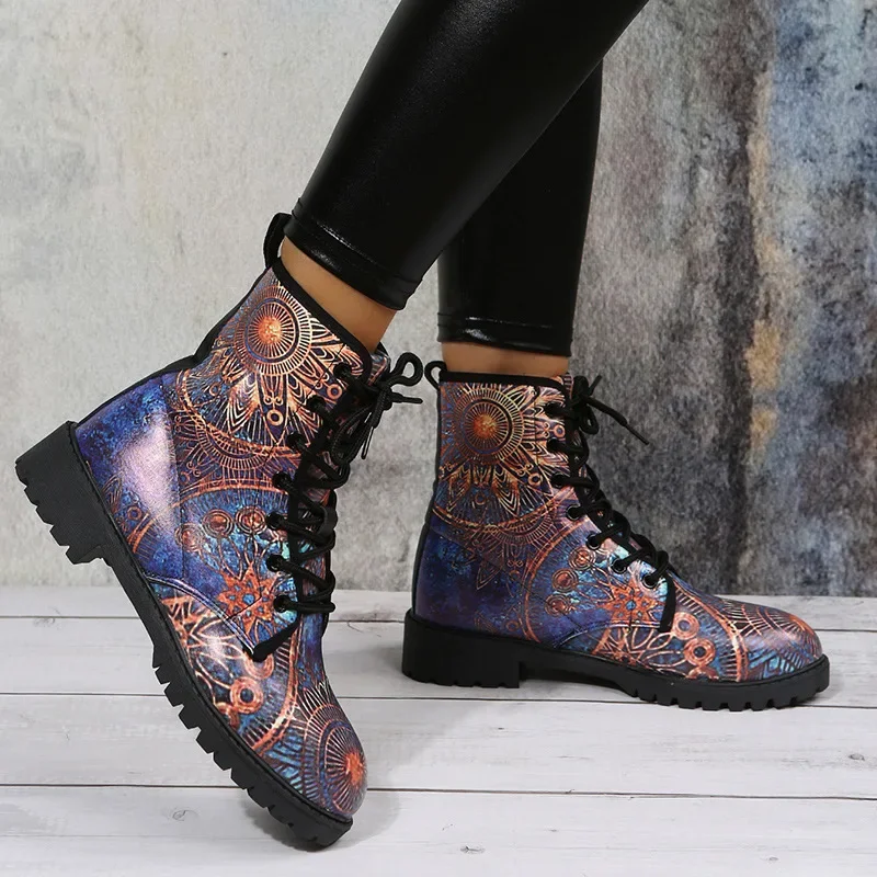 Boots Women\'s Autumn and Winter 2022 British Fashion Women\'s Tooling Boots Skull and Flower Print High-top Boots Ladies