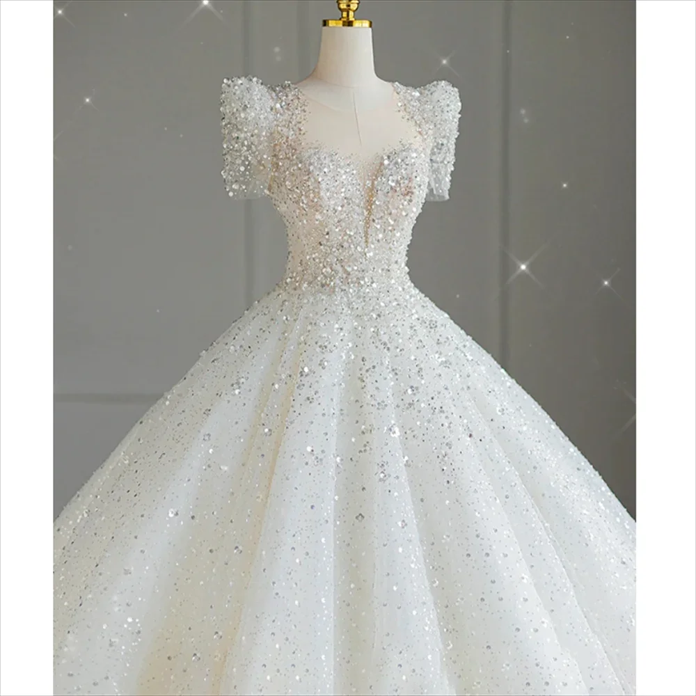 

Vinca Sunny Customized Wedding Dresses O-Neck Long Sleeve Vestido De Novia Lace Beaded Chapel Train Glamorous Bride Dresses