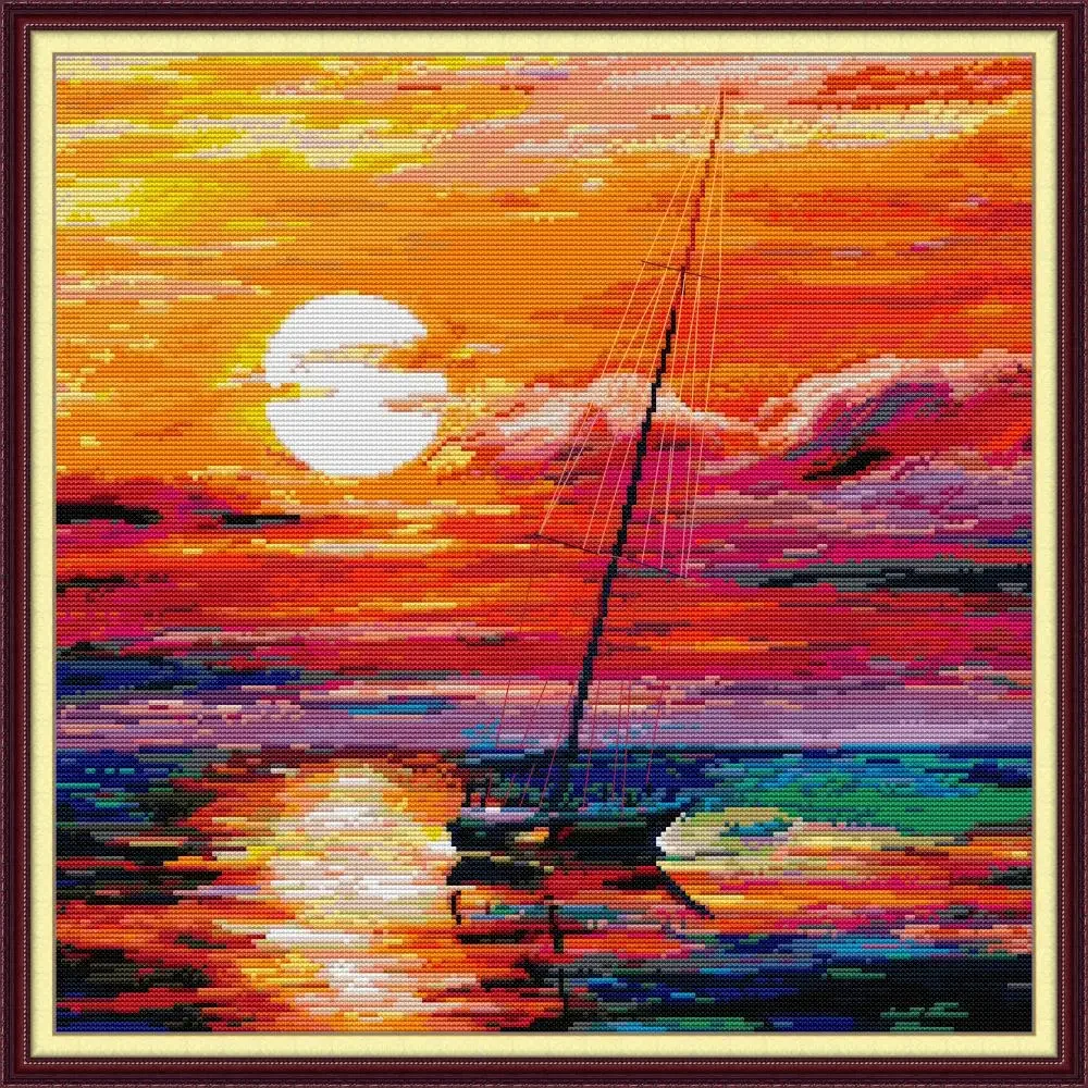 

Joy Sunday-Pre-Printed Cross Stitch Kit, DIY Easy Pattern, Aida 14, 11CT Stamped Fabric Embroidery Set, Sunset, Sunset