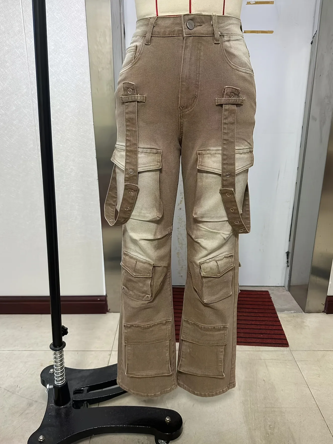 Pantalones vaqueros con múltiples bolsillos para mujer, ropa de trabajo de tubo holgado y recto con diseño de doble correa, estilo americano, pantalones vaqueros con bolsillo