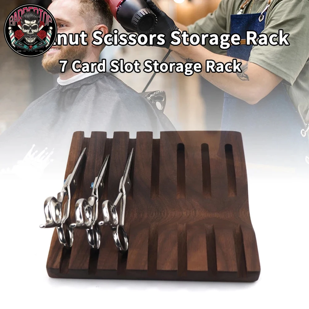 7 Card Wooden Scissors Display Rack Hair Scissors Holder Organizer Professional Barbershop Desktop Shears Storage Tools Supplies