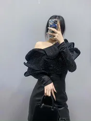 Sexy Ruffles rhinestone tops Women's 2024 New Club Mesh long sleeve t-shirt Slim Solid Summer One shoulder Crop top INKEO 4T081