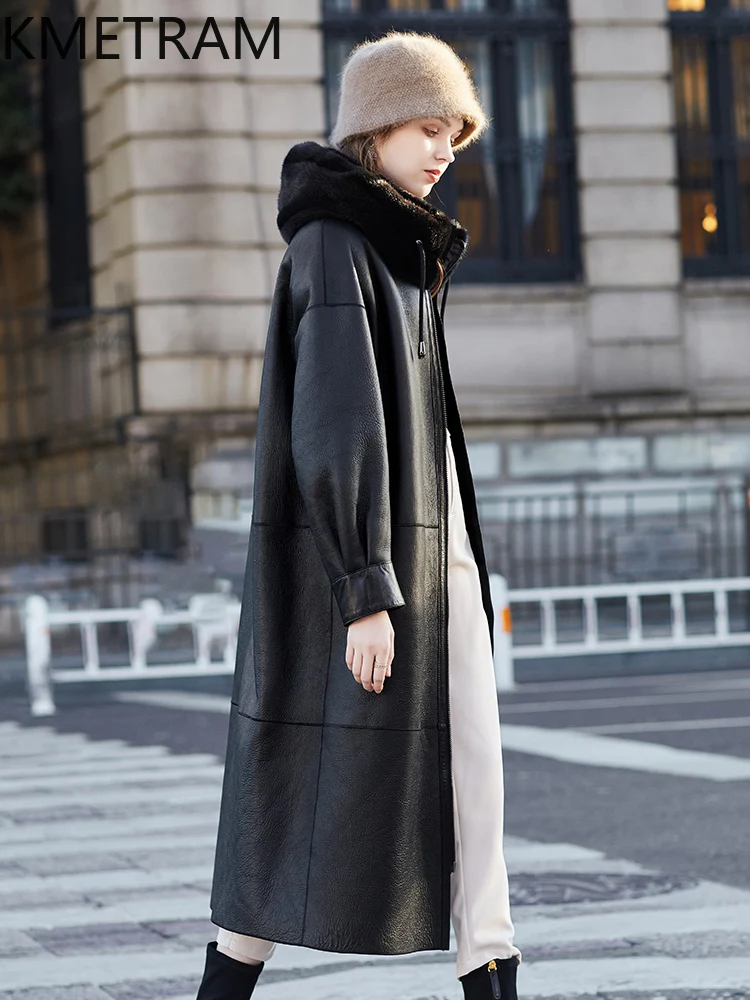 KMETRAM Naturalny płaszcz z wełny owczej, czarny, wysokiej jakości kołnierz z futra norek, odzież damska, długi płaszcz zimowy 2025, шуба
