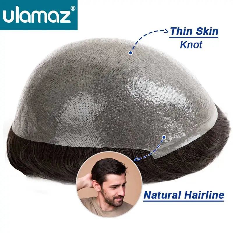 

0.04mm Thin Skin Toupee Indetectable Men's Capillary Prosthesis Natural Hairline Men's Wig Human Hair Knotted Skin Hair System