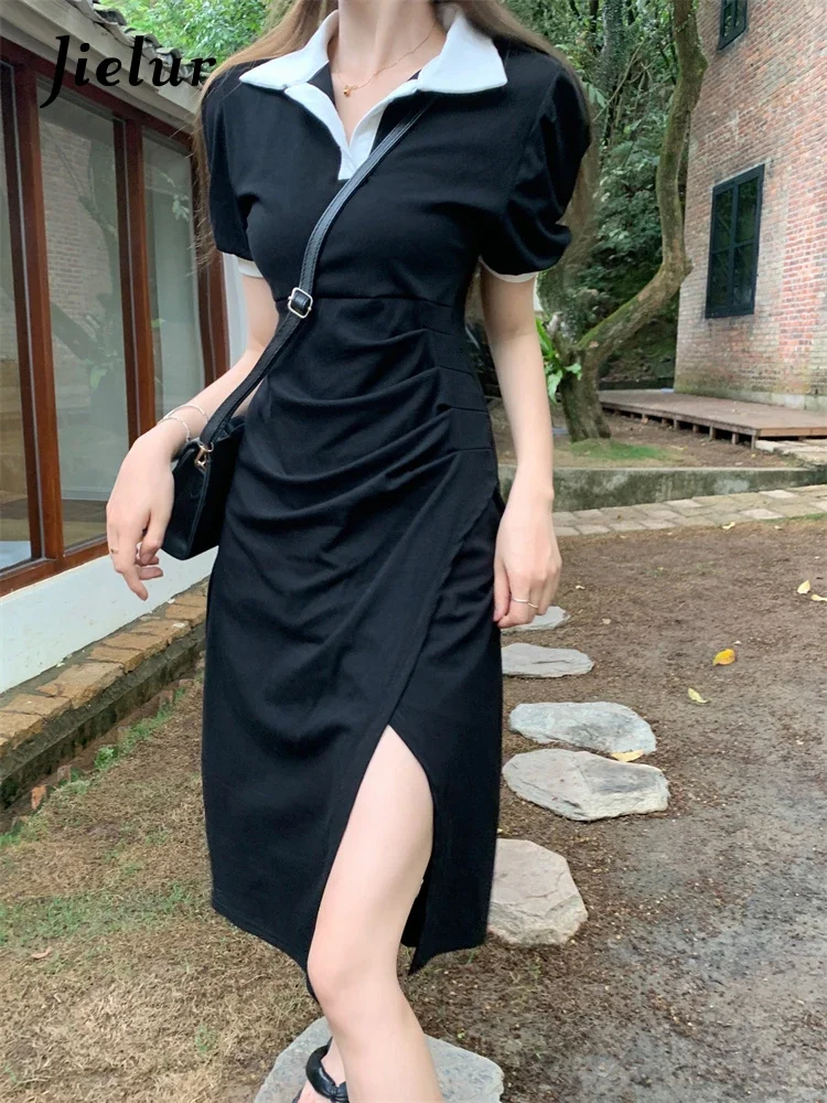 

Jielur Summer New French Contrast Color Women's Dress Slim Split Sweet Ladies Dress Woman Black Loose Casual Dresses Female