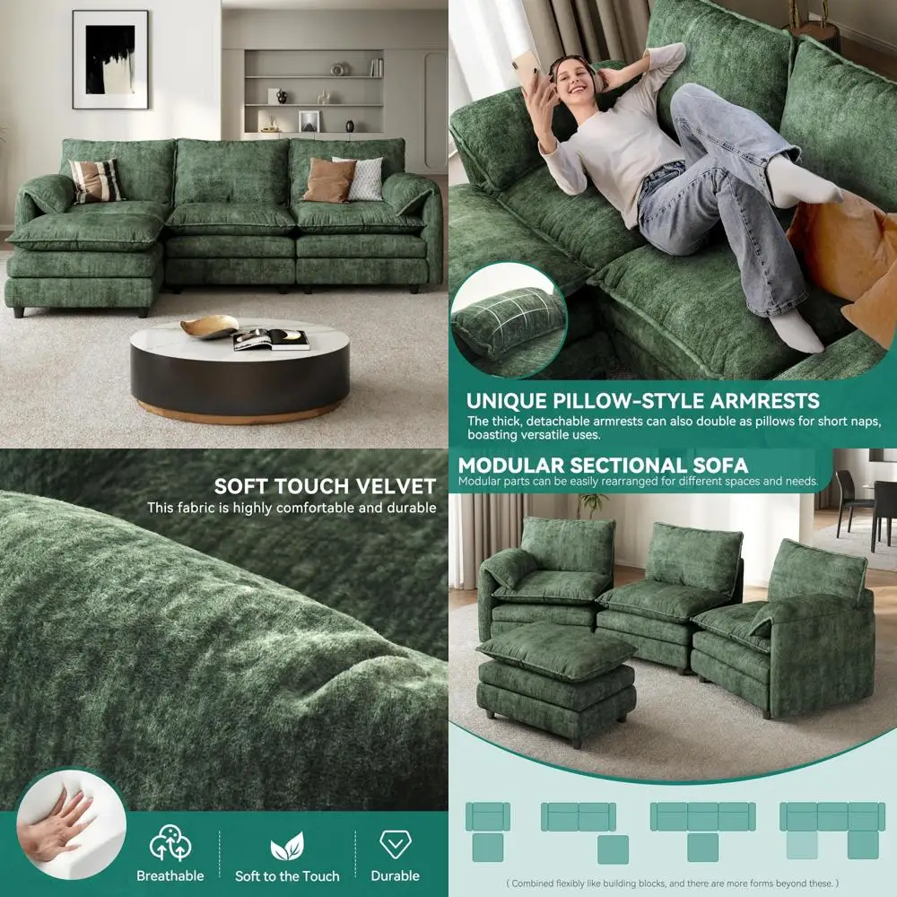 

Современный бархатный L-образный секционный диван со съемным пуфиком, комфортный диван-облако с глубоким сиденьем для расслабляющих гостиных