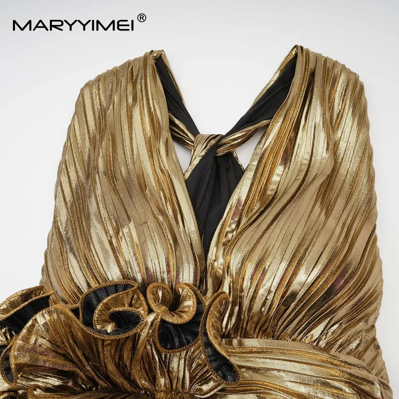 Gedivoen 여성의 우아한 섹시한 v 넥 이브닝 드레스 여름 민소매 솔리드 Flounced Edge 볼 가운 드레스