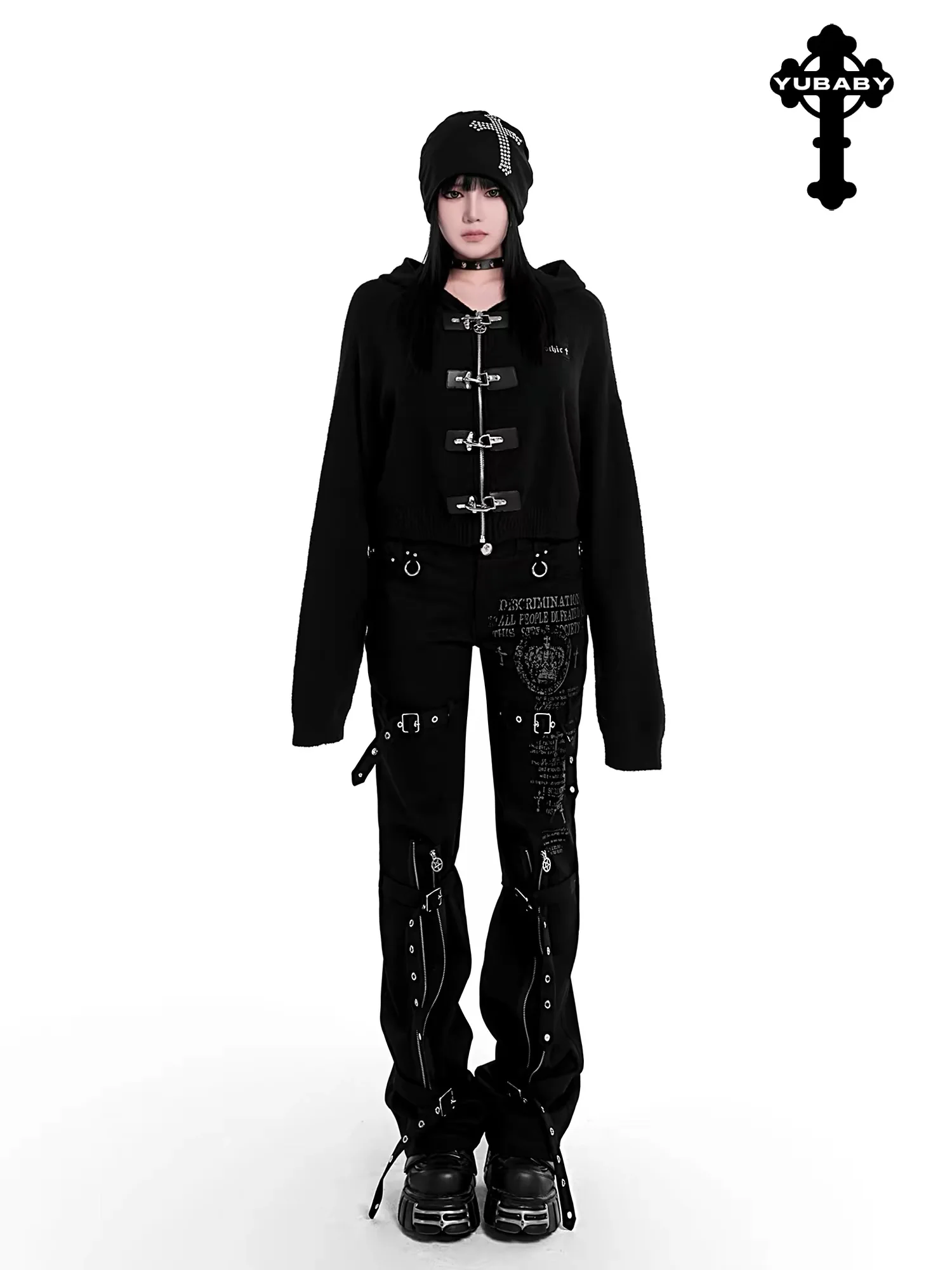 Celana Lurus Y2K Gaya Gelap Gotik Eropa dan Amerika Celana Panjang Pinggang Rendah Elastis Longgar Multi-tali Asli yang Dipersonalisasi