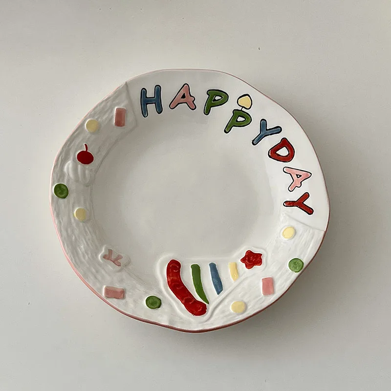 Ins Ceramic Plate Cute Household Hand Drawn Dining Plates Fashion Letter Birthday Cake Dish Colorful Fruit Salad Tableware