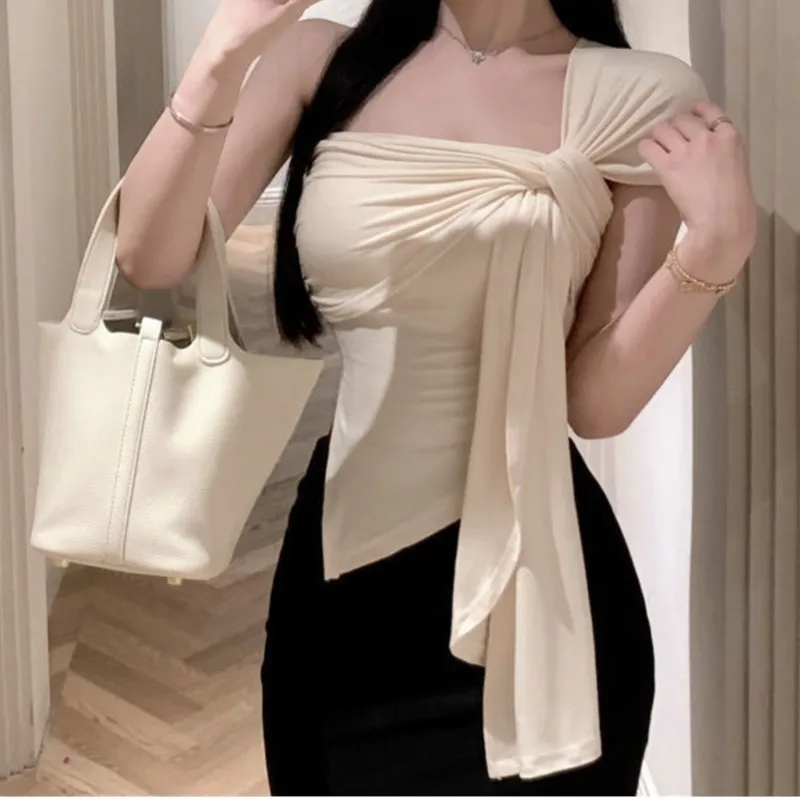 Irregular Off-the-shoulder Halter Top Slimming Pleated And Niche Top For Women