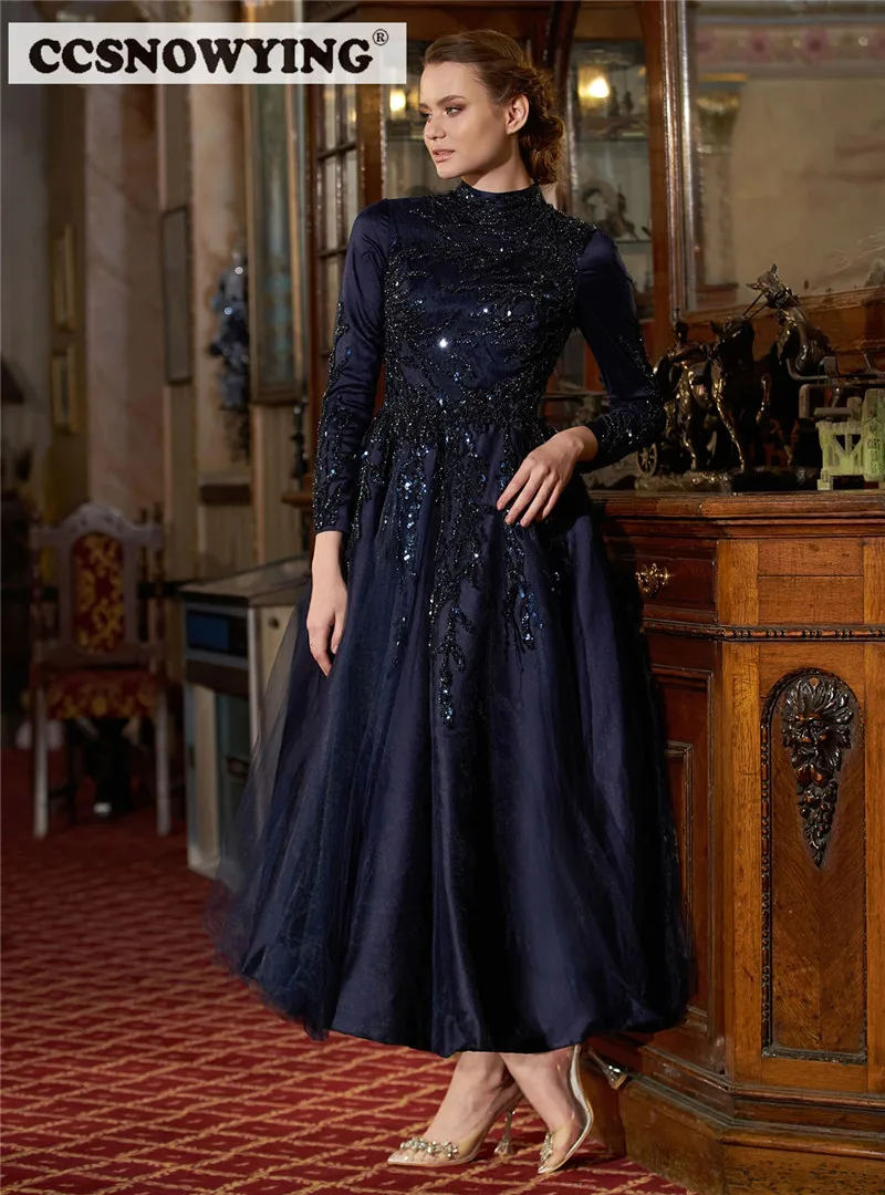 Azul Marinho Tule Apliques Muçulmano Vestidos de Noite Manga Longa Islâmico Vestido de Festa Formal Mulheres Hijab Árabe Kaftan Robe De Soiree