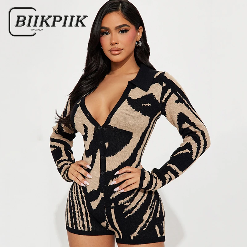 

BIIKPIIK Contrast Color Woolen Rompers Sexy Skinny Knitwear Women Playsuit Unique Fashion Jumpsuits Autumn Winter Casual Overall