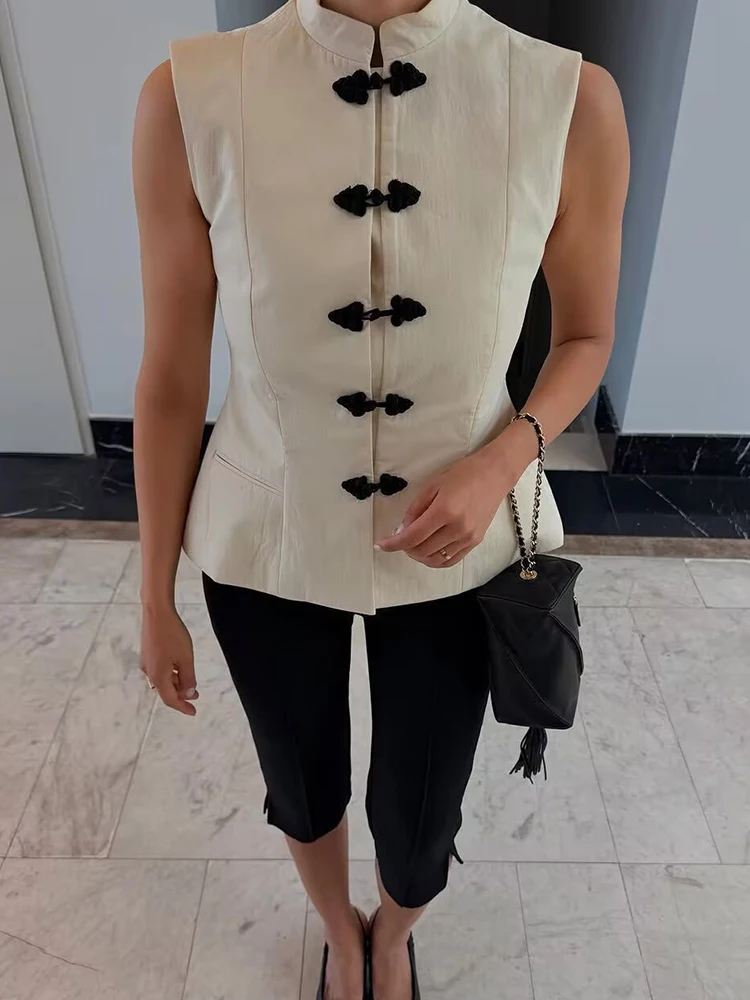 Summer Women New Waistcoat Chinese Style Vintage Button Up Vest Spring Outerwear Slim Fit Solid Color Casual Tank Top 2026 New