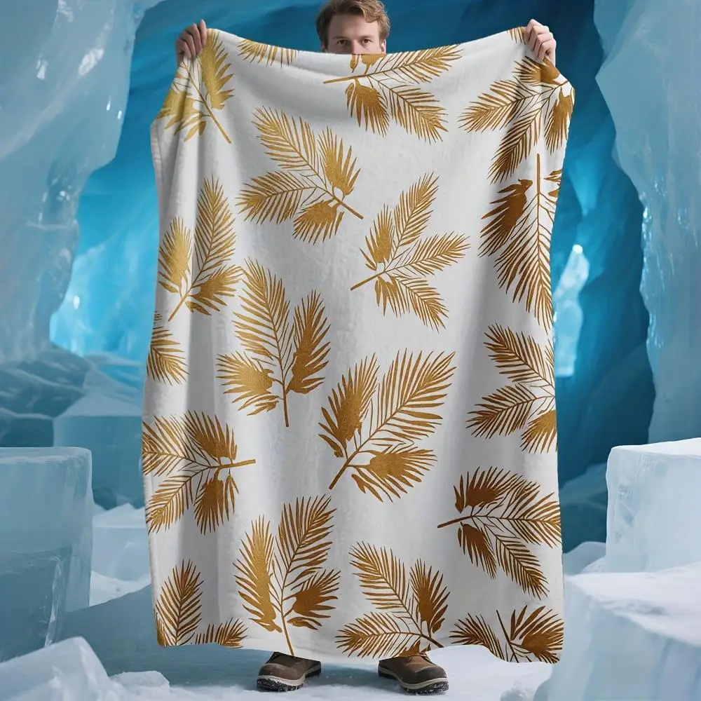 بطانية منقوشة أوراق النخيل الذهبية اللامعة من نسيج البوليستر، قابلة للغسل في الغسالة، مناسبة لديكور غرفة النوم وغرفة المعيشة. #1