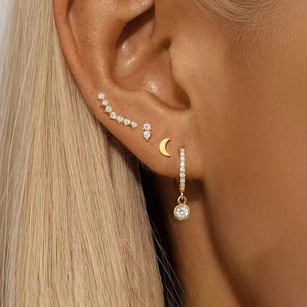 4PCS Neue Ankunft Einfache Mode Edelstahl Mond Kürbis Zirkon Runde Ball Schraube Stud Ohrringe Für Frauen Hip-Hop schmuck Geschenke