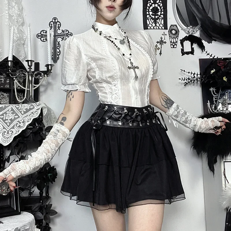 Summer American Vintage Dark Gothic Skirt Women's Spliced High Waist Leather Mesh Mini Skirt Casual Y2K Subculture Punk Skirt