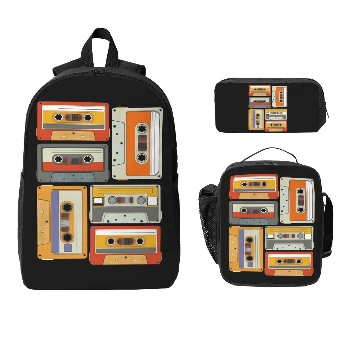 

80s Generation Vintage Cassettes Backpack Student BookBag School Bag Computer Shoulder Bags 3ps Insulated Lunch Bag Pencil Case