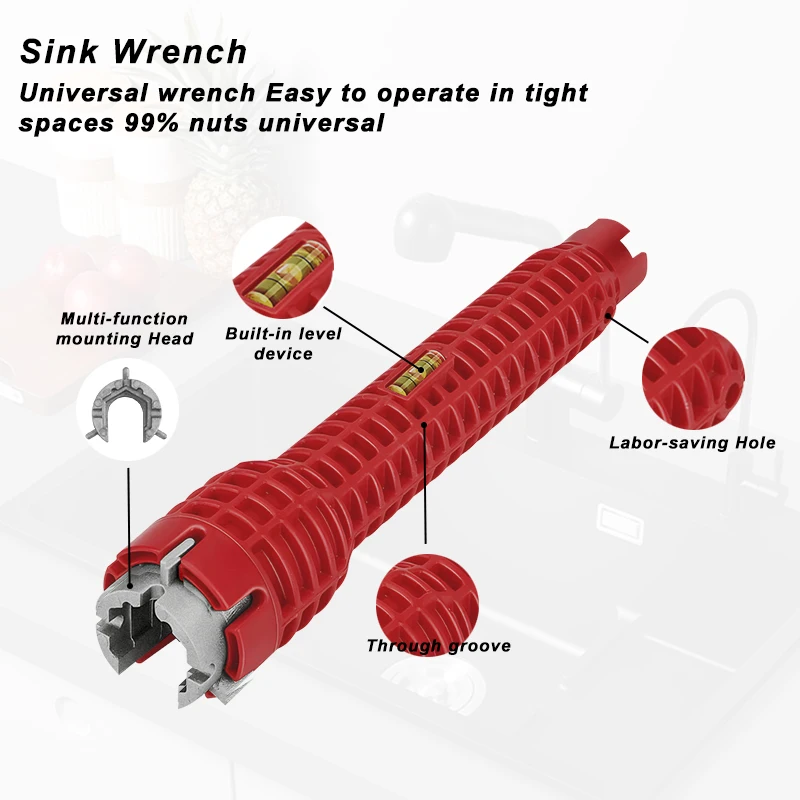 Multifuncional Faucet Repair Wrench Set, Chave Flume, Instalação do encanamento, Anti-Slip Kitchen Sink Repair Tool, 8 em 1