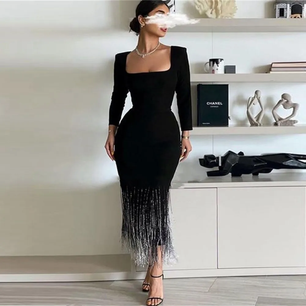 

Customized wedding Black Mermaid Evening Dresses for Women Square Neck Long Sleeves Cocktail Party Bride Wear Tassels Prom Gown