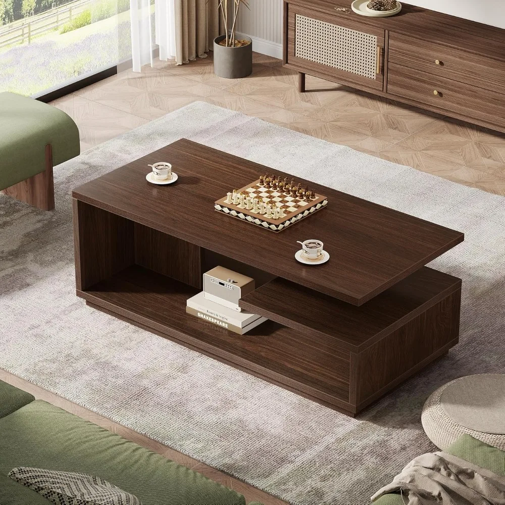 طاولة قهوة مستطيلة حديثة من منتصف القرن مقاس 47.24 بوصة مع رف تخزين من 3 طبقات وبناء خشبي سميك