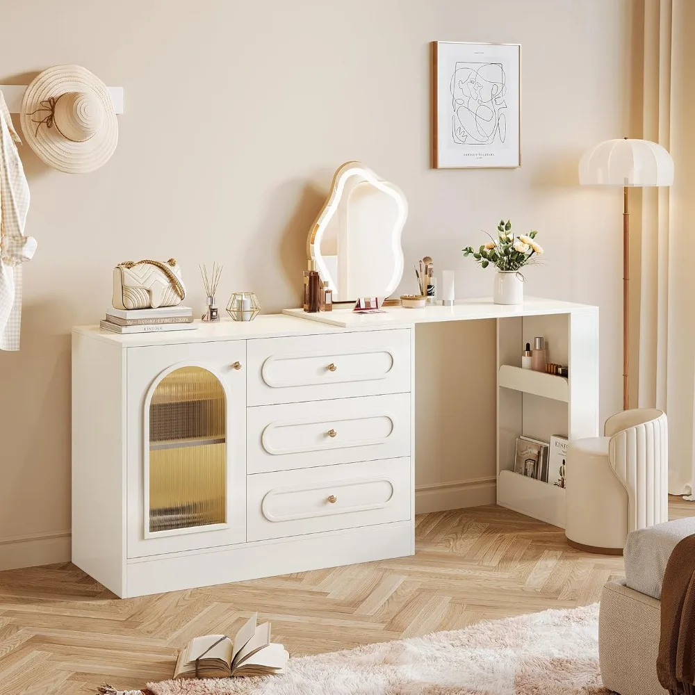 

360 ° Вращающийся угловой туалетный столик с 3 ящиками, современный белый туалетный столик с выдвижным столом, деревянный стол для макияжа с двусторонней реверсивной