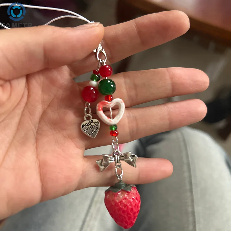 Unique Sweet Strawberry Phone Charms Pendant Cute Bow Heart Beaded Keychain Camera Schoolbag Decoration Accessories Gifts