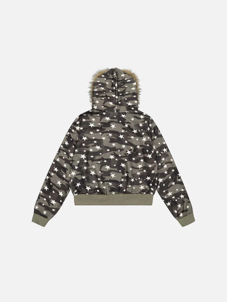 Inverno quente camuflagem estrela impressão hoodie feminino pele do falso zipup moletom moda oversized streetwear jaqueta com capuz 2026 novo