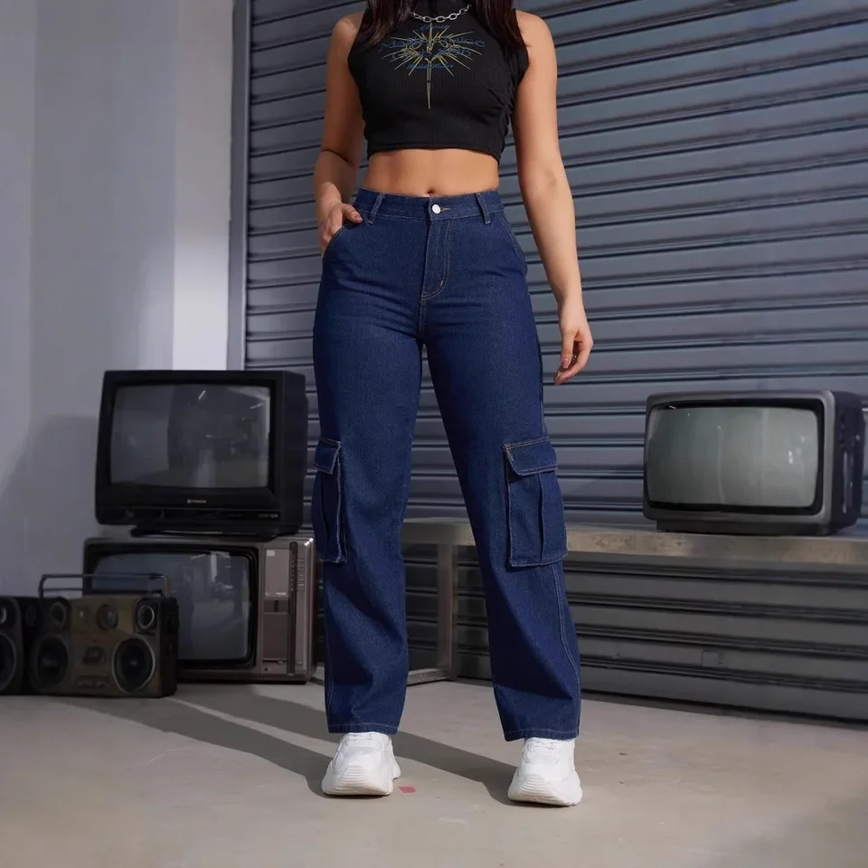 New Street Fashion American High-waisted Work Jeans. Women's Four-season New Fashion Flip Cover  Pocket Design Straight Leg Jean