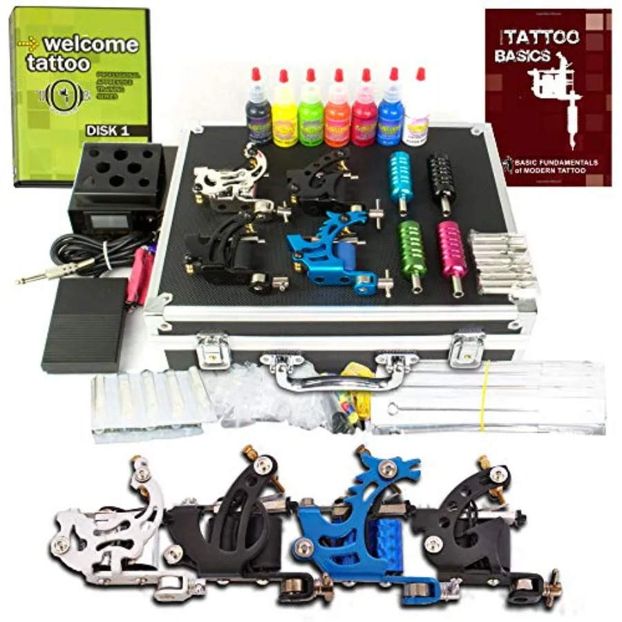 

Professional Tattoo Kit for Artists with 4 HighPrecision Tattoo Machine Guns LCD Power Supply with Adjustable Settings 7 Bottle